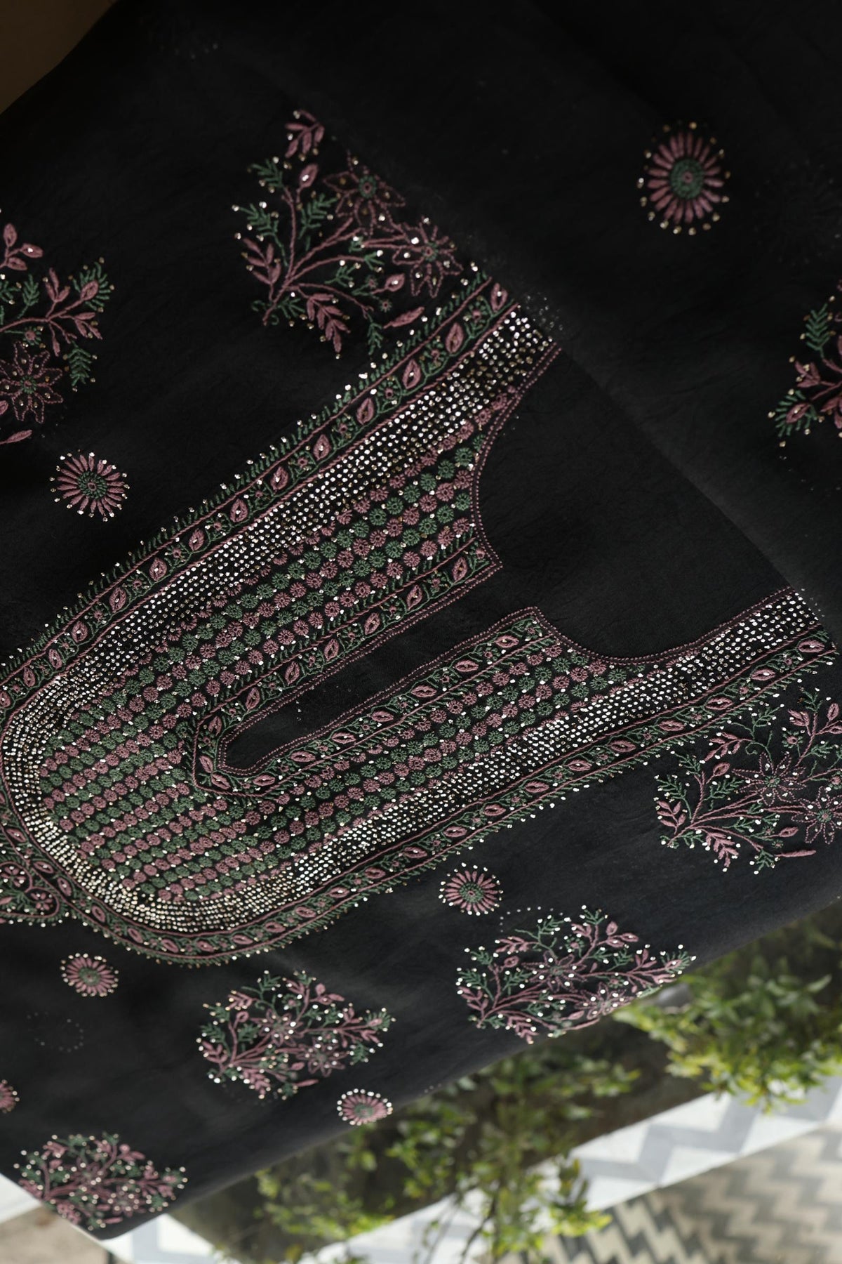 Black Shade Noor Organza Silk Chikankari With Kamdani Fabric