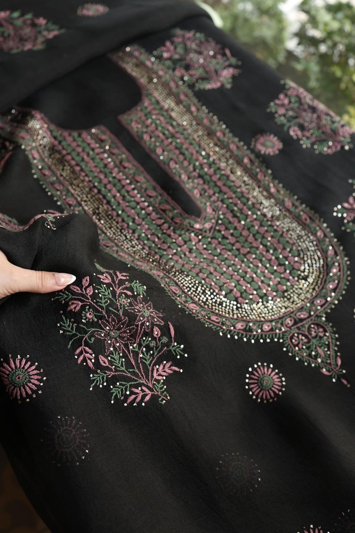 Black Shade Noor Organza Silk Chikankari With Kamdani Fabric
