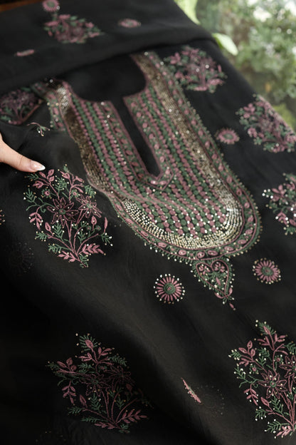 Black Shade Noor Organza Silk Chikankari With Kamdani Fabric