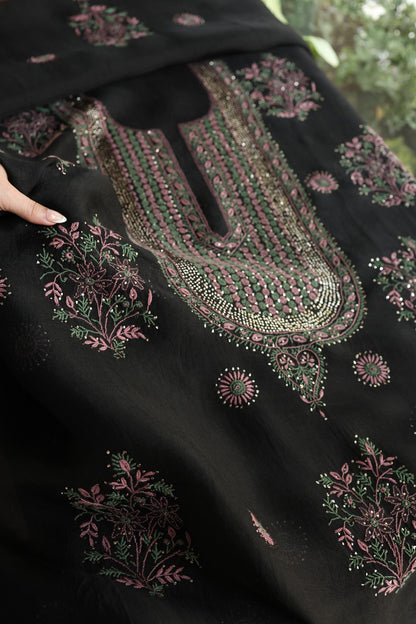 Black Shade Noor Organza Silk Chikankari With Kamdani Fabric