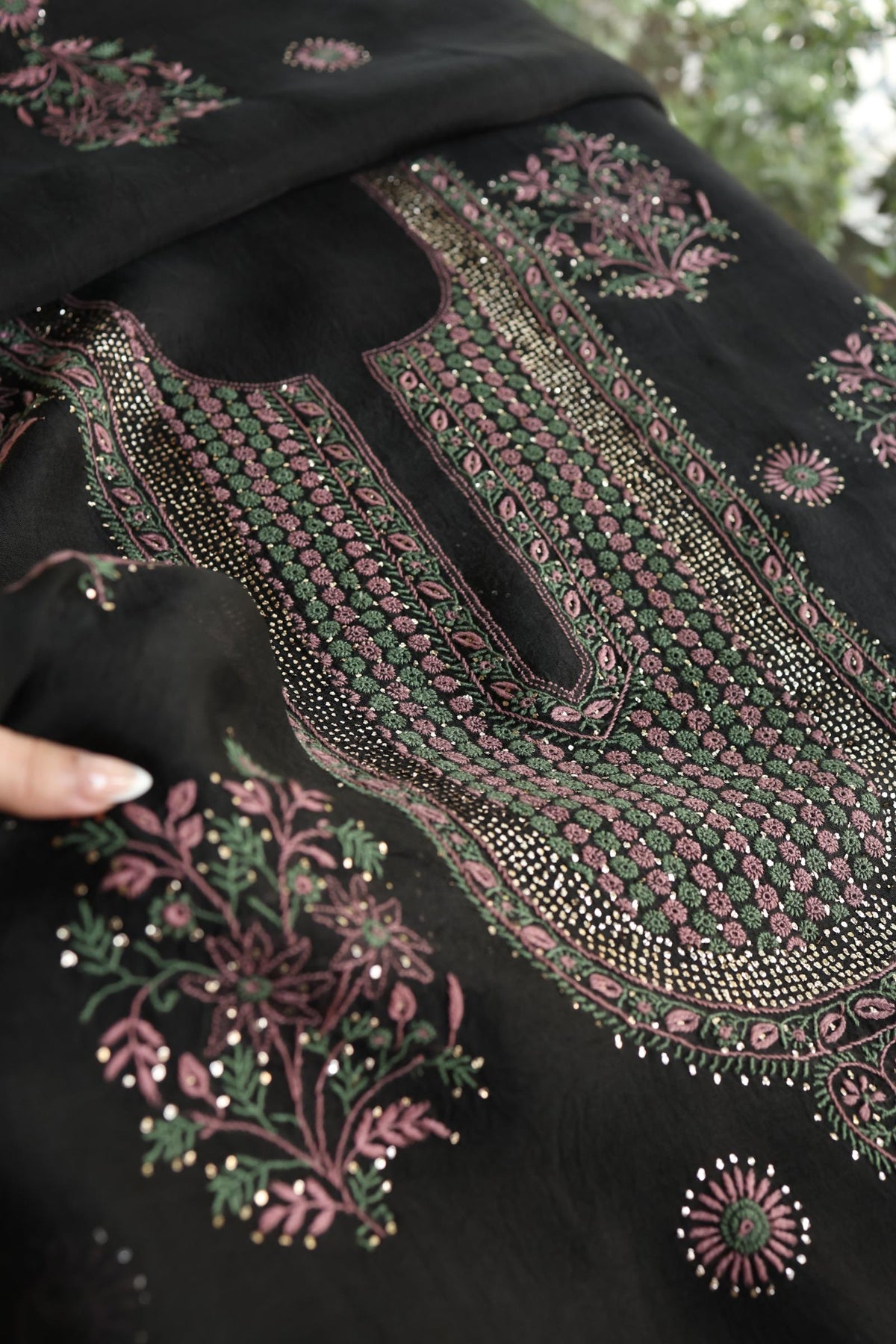 Black Shade Noor Organza Silk Chikankari With Kamdani Fabric