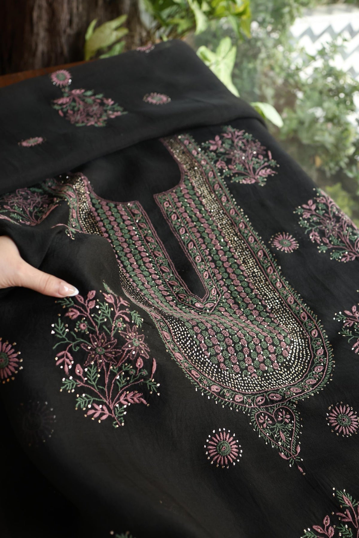 Black Shade Noor Organza Silk Chikankari With Kamdani Fabric