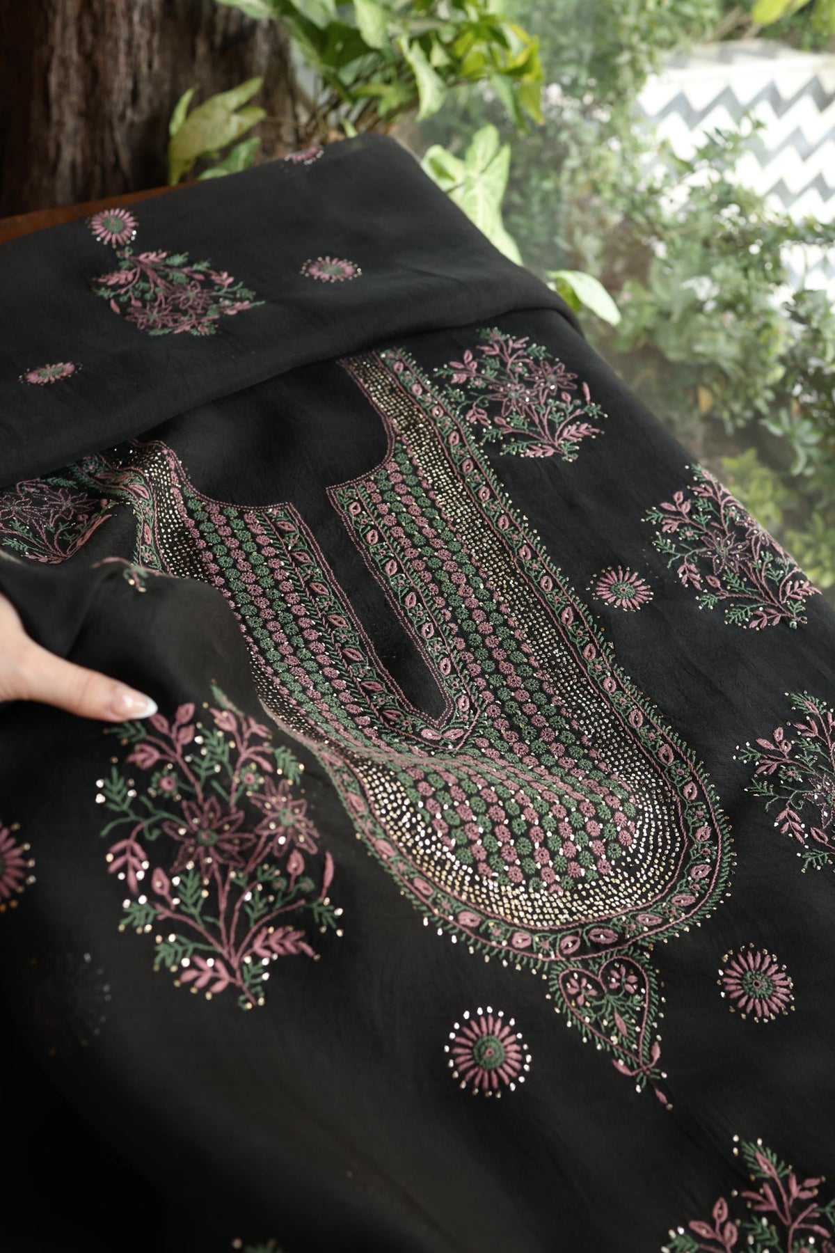 Black Shade Noor Organza Silk Chikankari With Kamdani Fabric