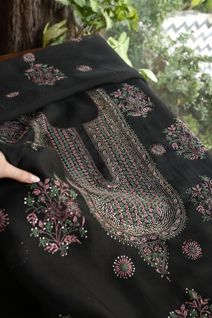 Black Shade Noor Organza Silk Chikankari With Kamdani Fabric