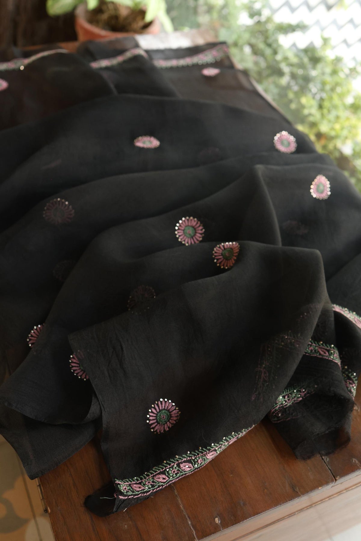 Black Shade Noor Organza Silk Chikankari With Kamdani Fabric