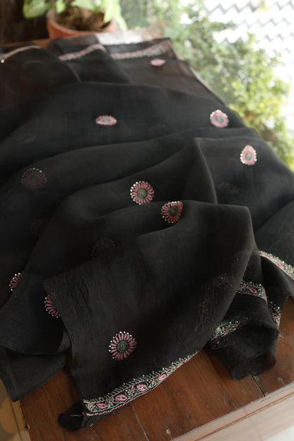 Black Shade Noor Organza Silk Chikankari With Kamdani Fabric