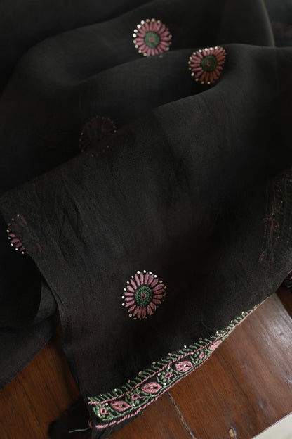 Black Shade Noor Organza Silk Chikankari With Kamdani Fabric