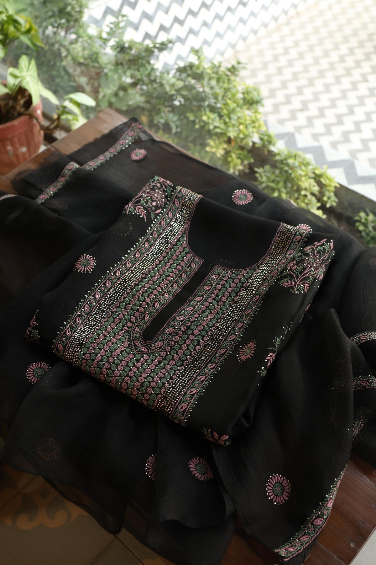 Black Shade Noor Organza Silk Chikankari With Kamdani Fabric