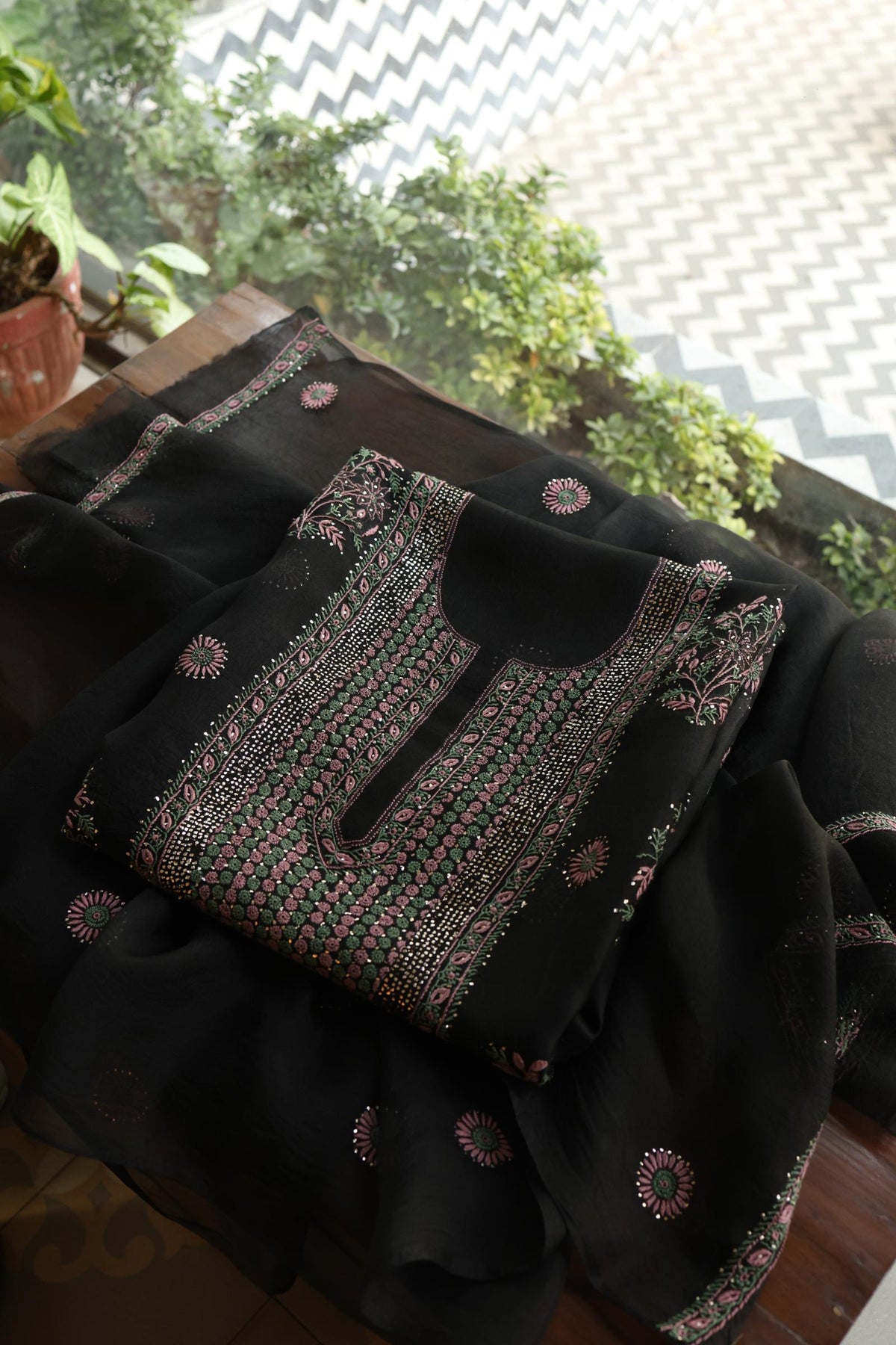 Black Shade Noor Organza Silk Chikankari With Kamdani Fabric