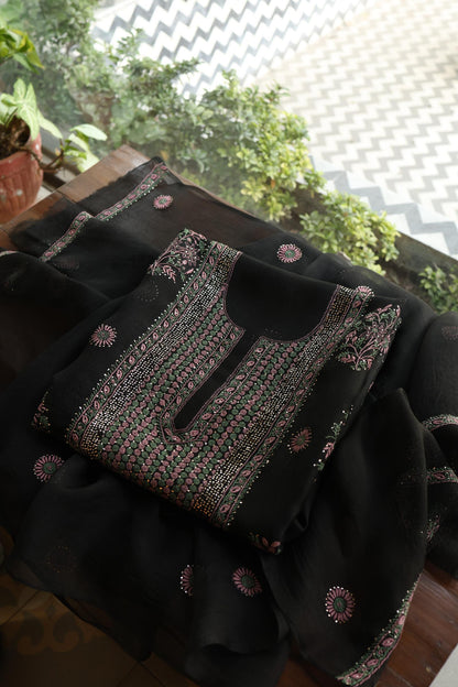 Black Shade Noor Organza Silk Chikankari With Kamdani Fabric