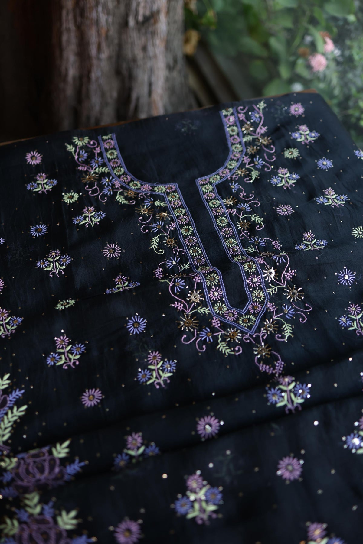 Black Shade Noor Organza Silk Chikankari With Kamdani Unstitched Fabric