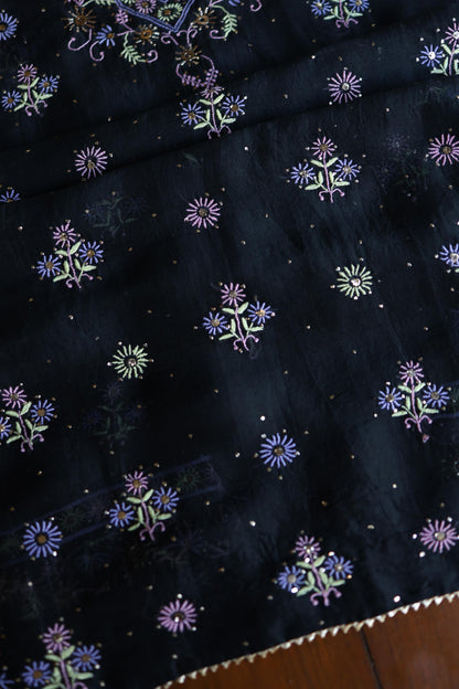 Black Shade Noor Organza Silk Chikankari With Kamdani Unstitched Fabric