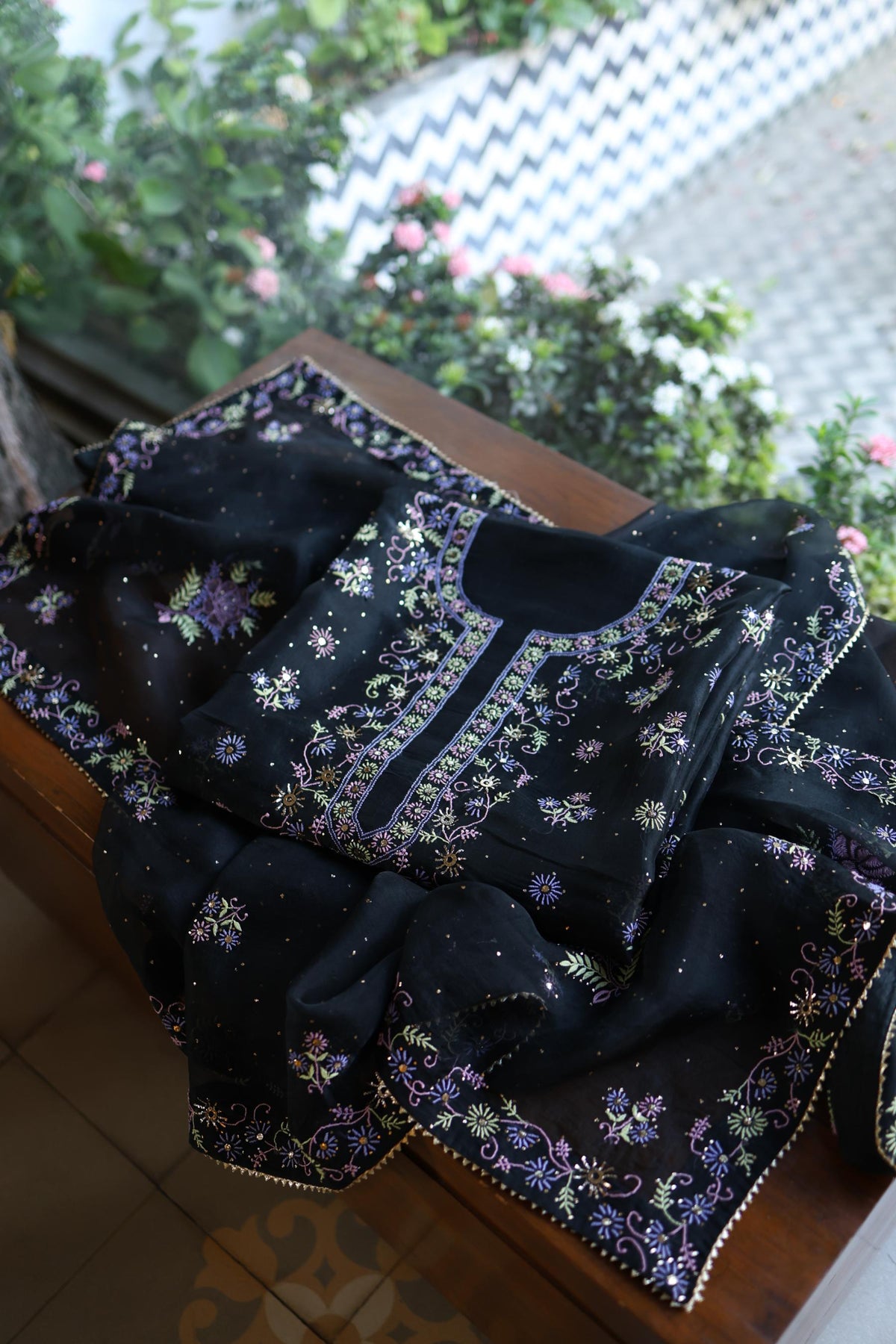 Black Shade Noor Organza Silk Chikankari With Kamdani Unstitched Fabric