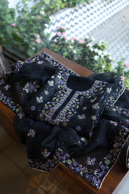 Black Shade Noor Organza Silk Chikankari With Kamdani Unstitched Fabric