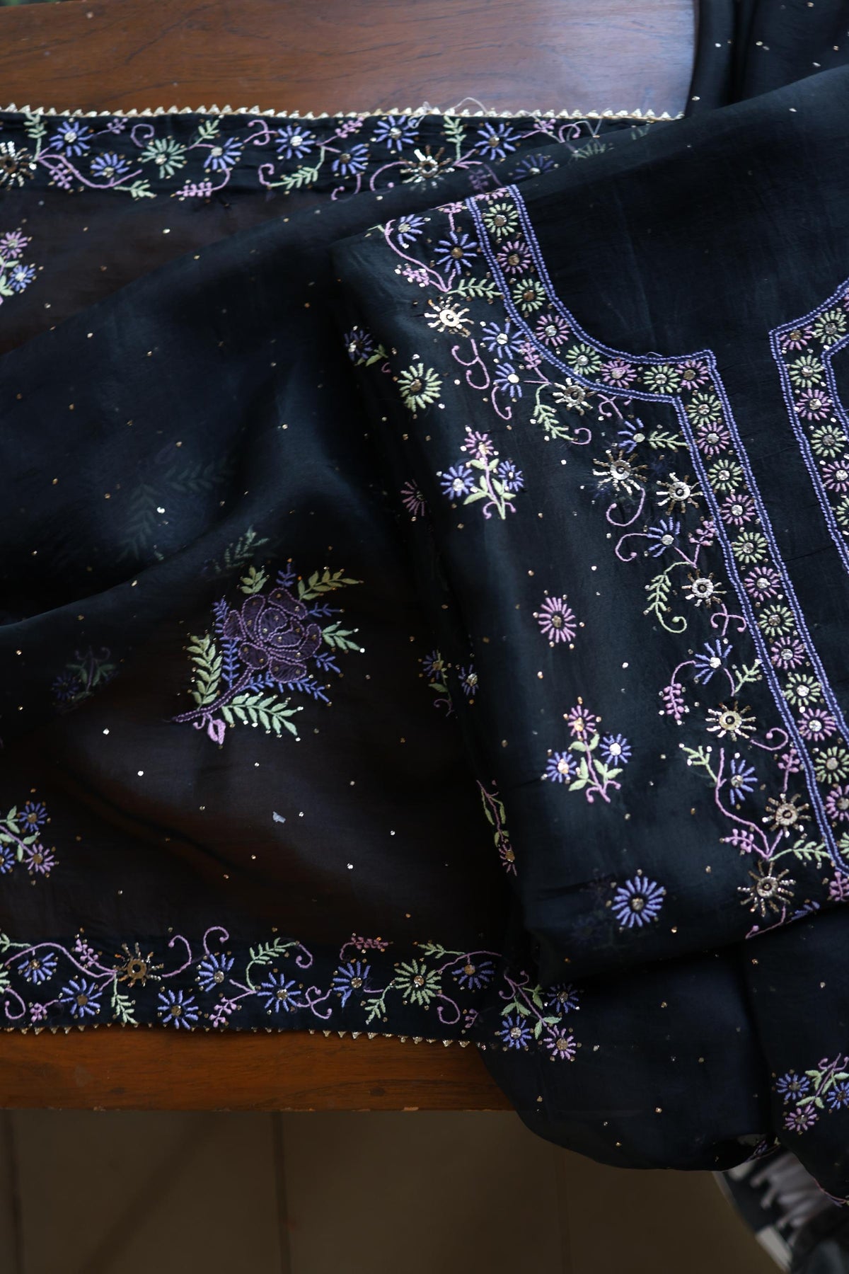 Black Shade Noor Organza Silk Chikankari With Kamdani Unstitched Fabric