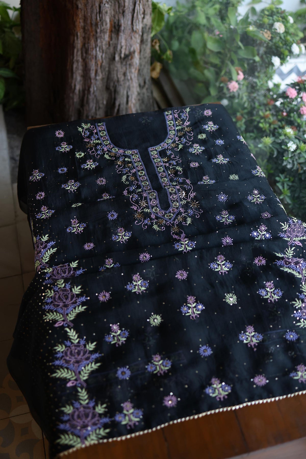 Black Shade Noor Organza Silk Chikankari With Kamdani Unstitched Fabric