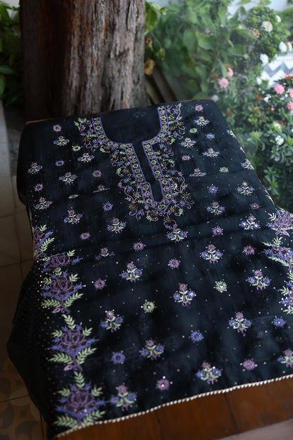 Black Shade Noor Organza Silk Chikankari With Kamdani Unstitched Fabric