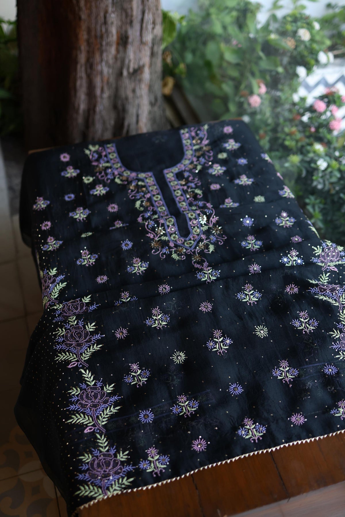 Black Shade Noor Organza Silk Chikankari With Kamdani Unstitched Fabric