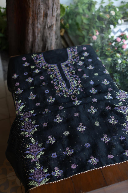 Black Shade Noor Organza Silk Chikankari With Kamdani Unstitched Fabric