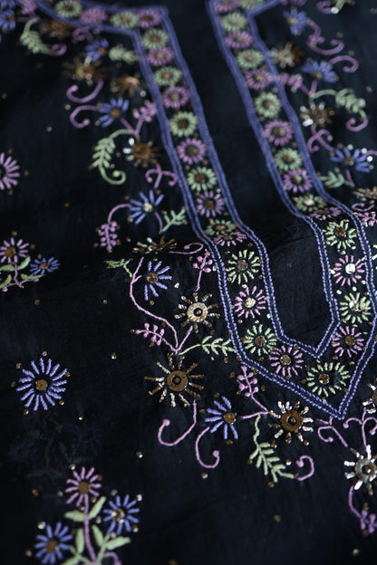 Black Shade Noor Organza Silk Chikankari With Kamdani Unstitched Fabric