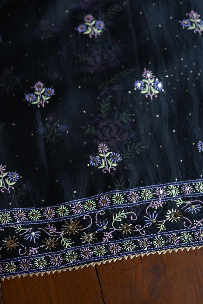 Black Shade Noor Organza Silk Chikankari With Kamdani Unstitched Fabric