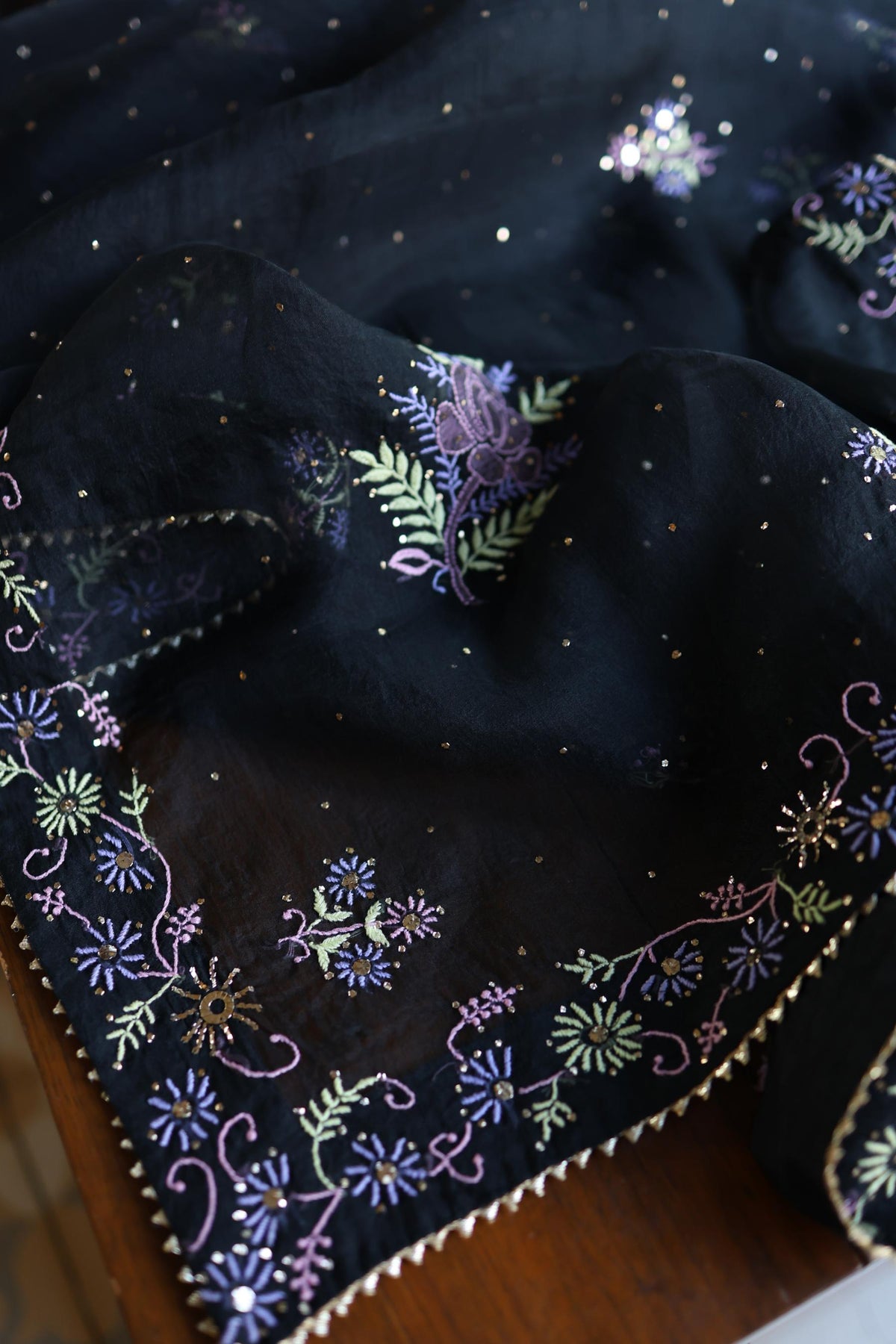 Black Shade Noor Organza Silk Chikankari With Kamdani Unstitched Fabric
