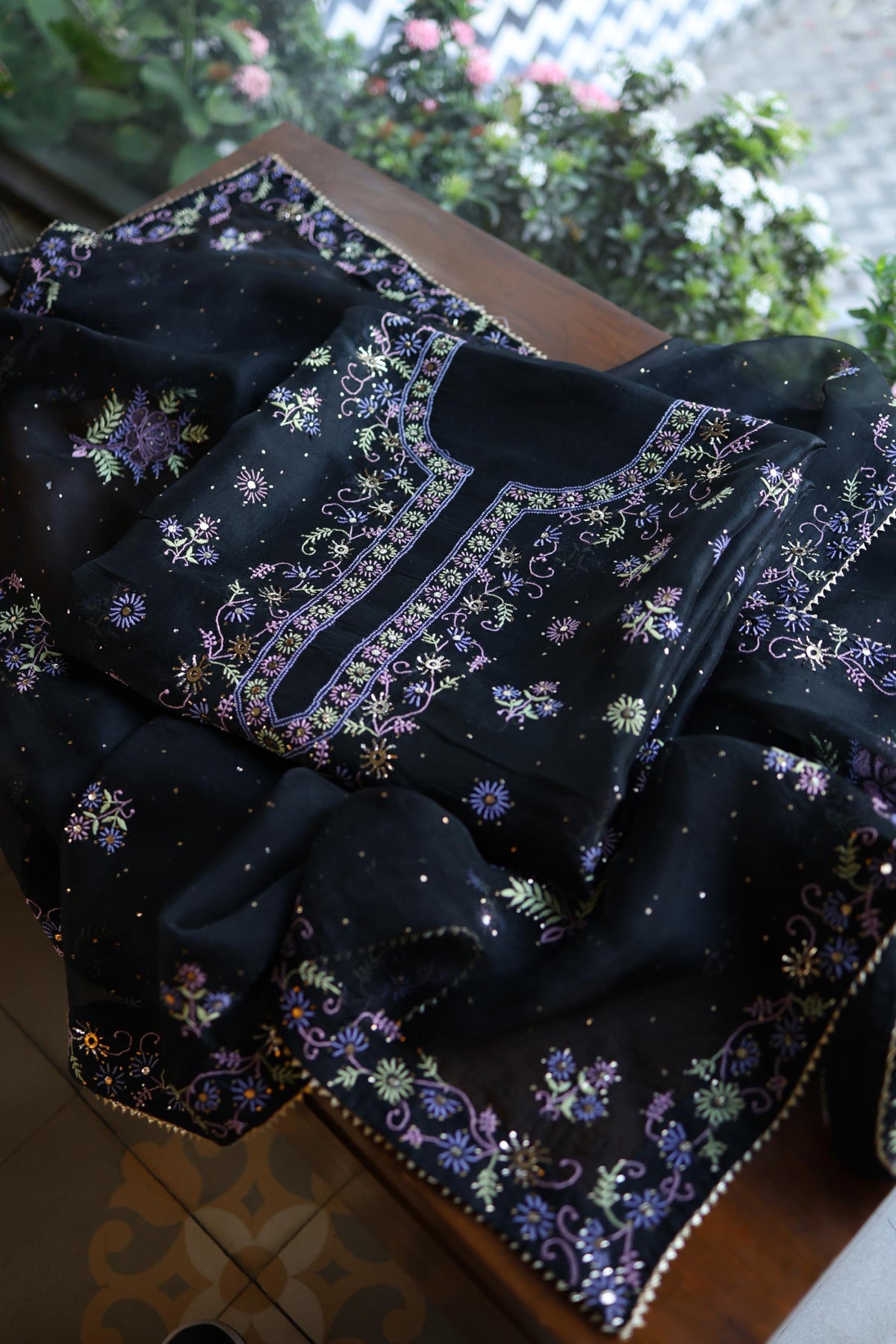 Black Shade Noor Organza Silk Chikankari With Kamdani Unstitched Fabric