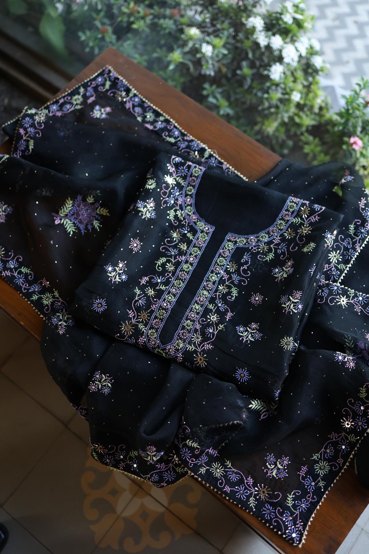 Black Shade Noor Organza Silk Chikankari With Kamdani Unstitched Fabric