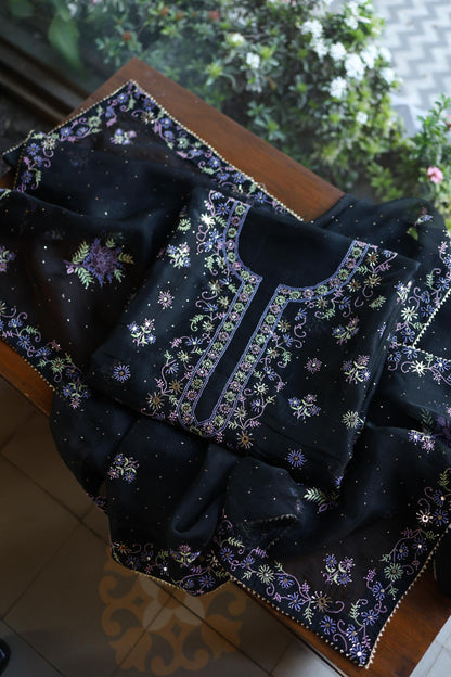 Black Shade Noor Organza Silk Chikankari With Kamdani Unstitched Fabric