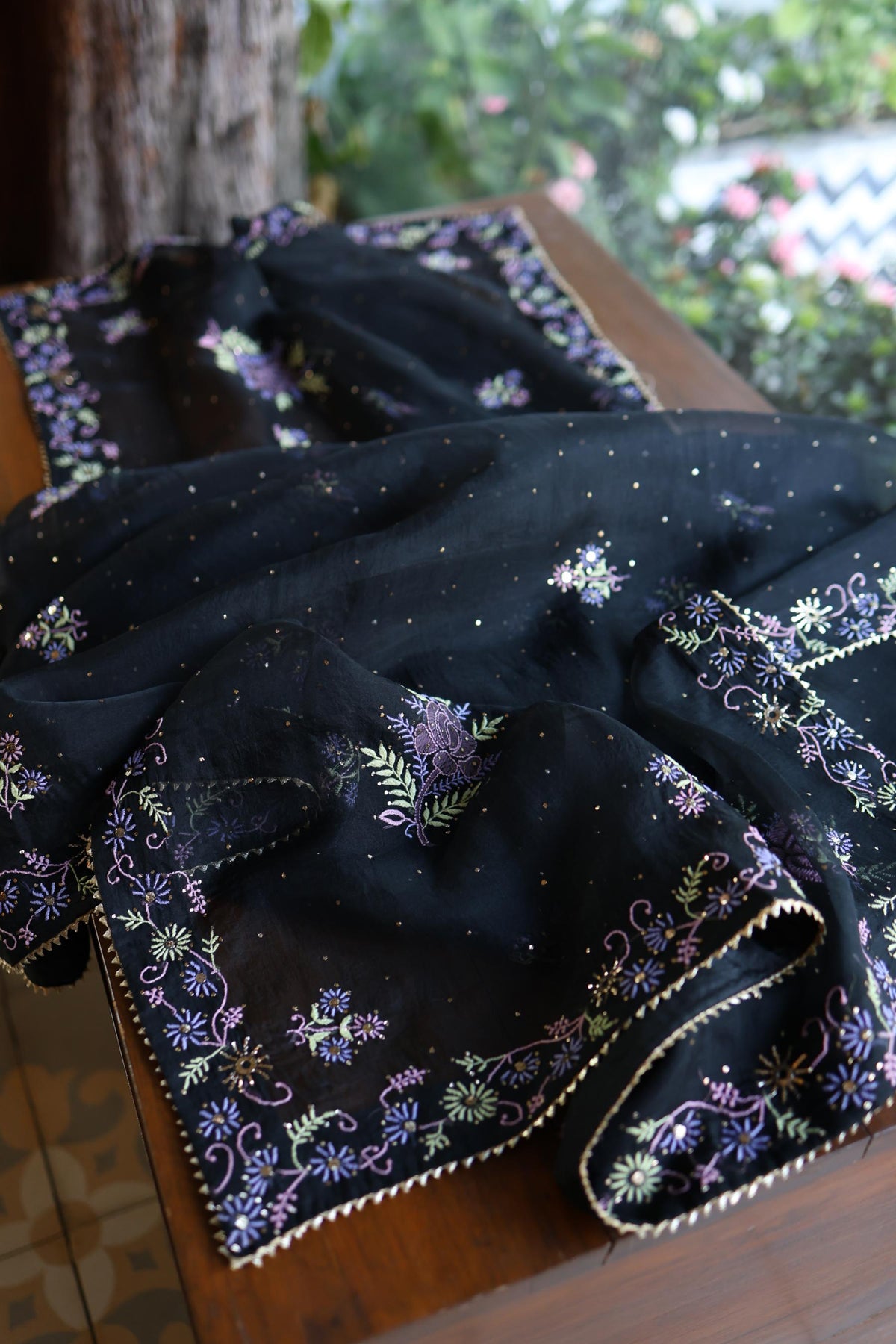 Black Shade Noor Organza Silk Chikankari With Kamdani Unstitched Fabric