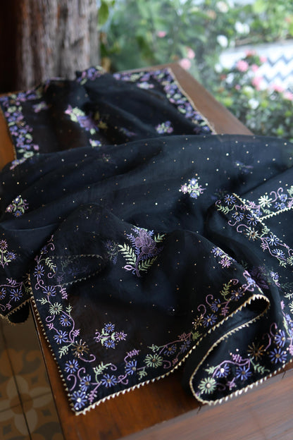 Black Shade Noor Organza Silk Chikankari With Kamdani Unstitched Fabric