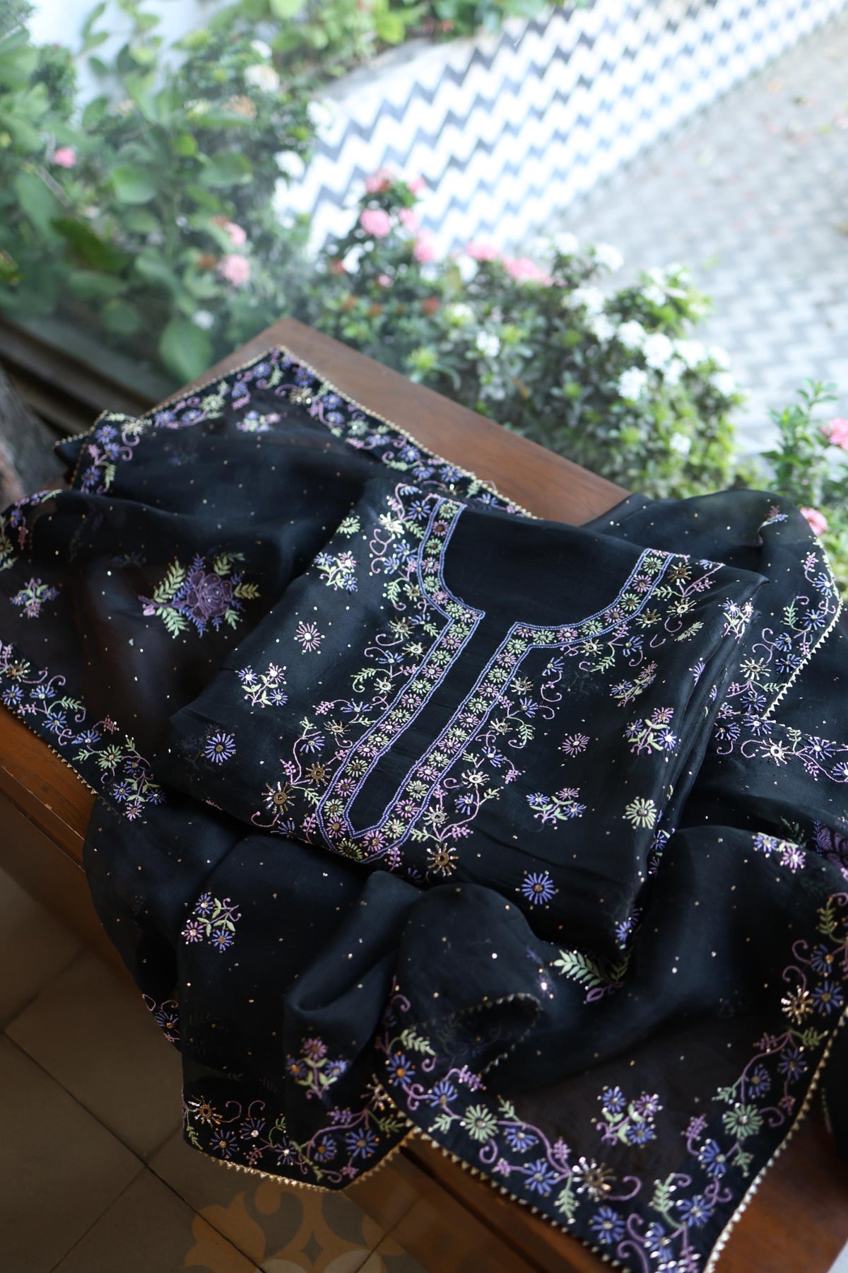 Black Shade Noor Organza Silk Chikankari With Kamdani Unstitched Fabric
