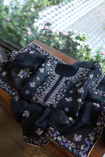 Black Shade Noor Organza Silk Chikankari With Kamdani Unstitched Fabric