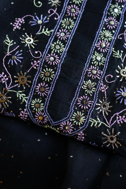 Black Shade Noor Organza Silk Chikankari With Kamdani Unstitched Fabric