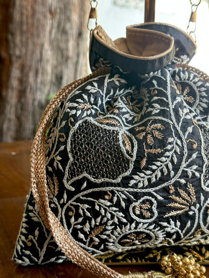 Black Shade Raw Silk Chikankari Polti Bag