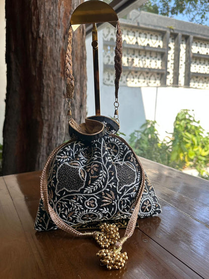Black Shade Raw Silk Chikankari Polti Bag