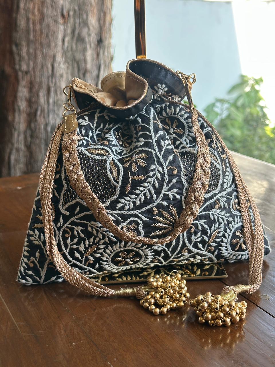 Black Shade Raw Silk Chikankari Polti Bag