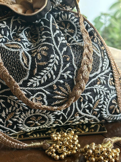 Black Shade Raw Silk Chikankari Polti Bag