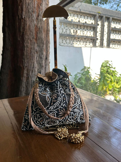 Black Shade Raw Silk Chikankari Polti Bag