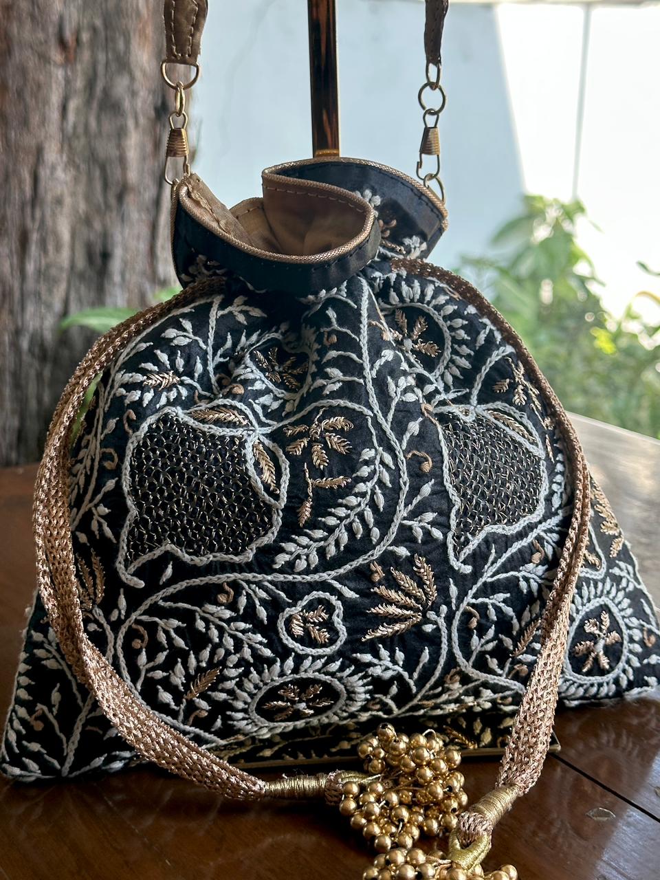Black Shade Raw Silk Chikankari Polti Bag