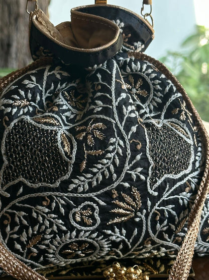 Black Shade Raw Silk Chikankari Polti Bag