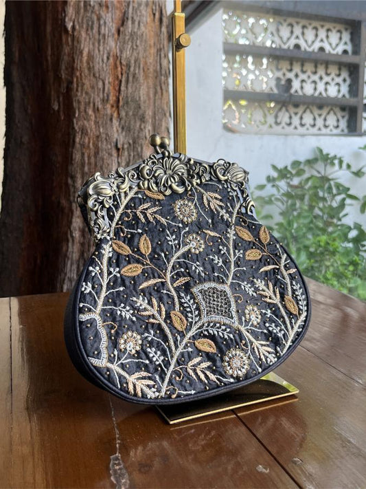 Black Shade Rose Motif Vintage Ari Mukaish Sling Bags