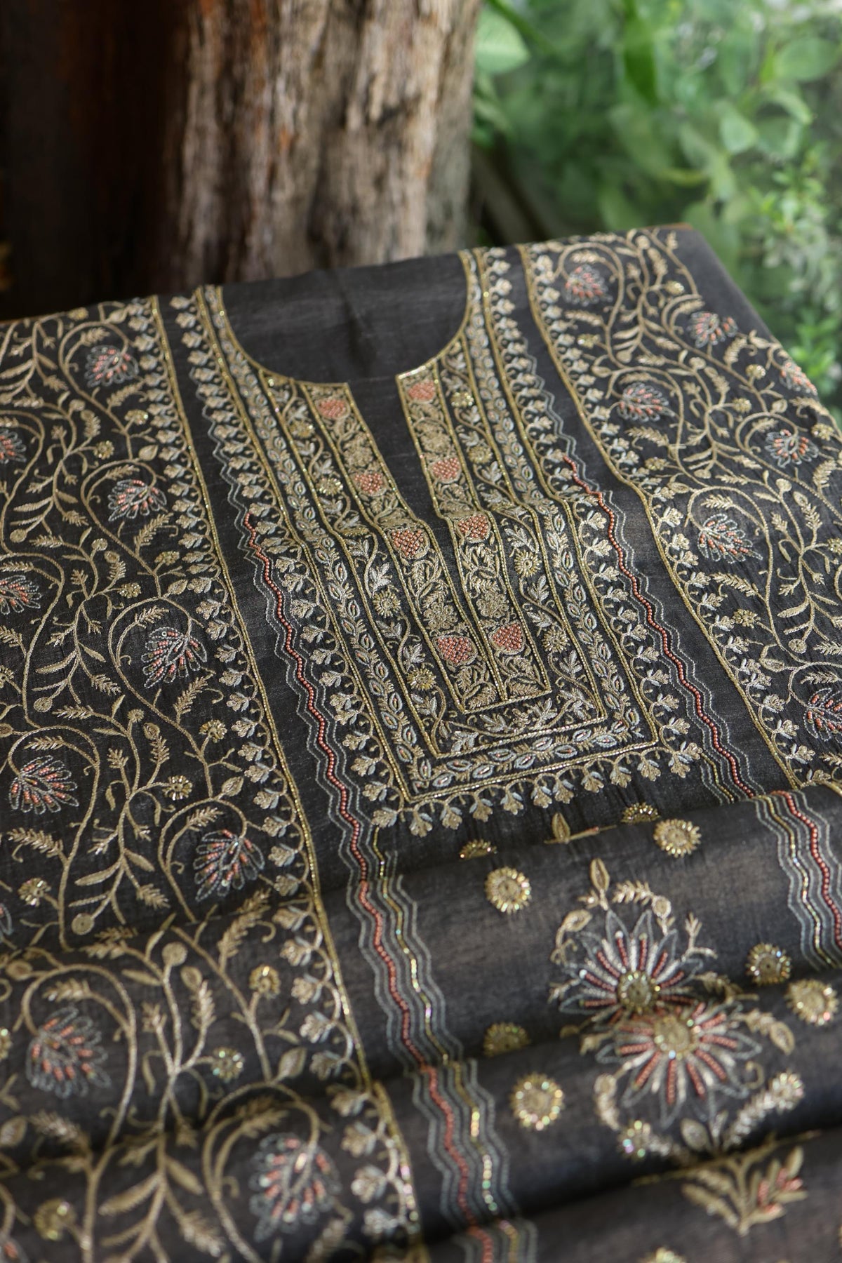 Black Shade Tissue Silk Chikankari Unstitched Fabric