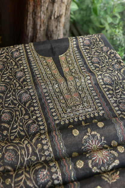 Black Shade Tissue Silk Chikankari Unstitched Fabric