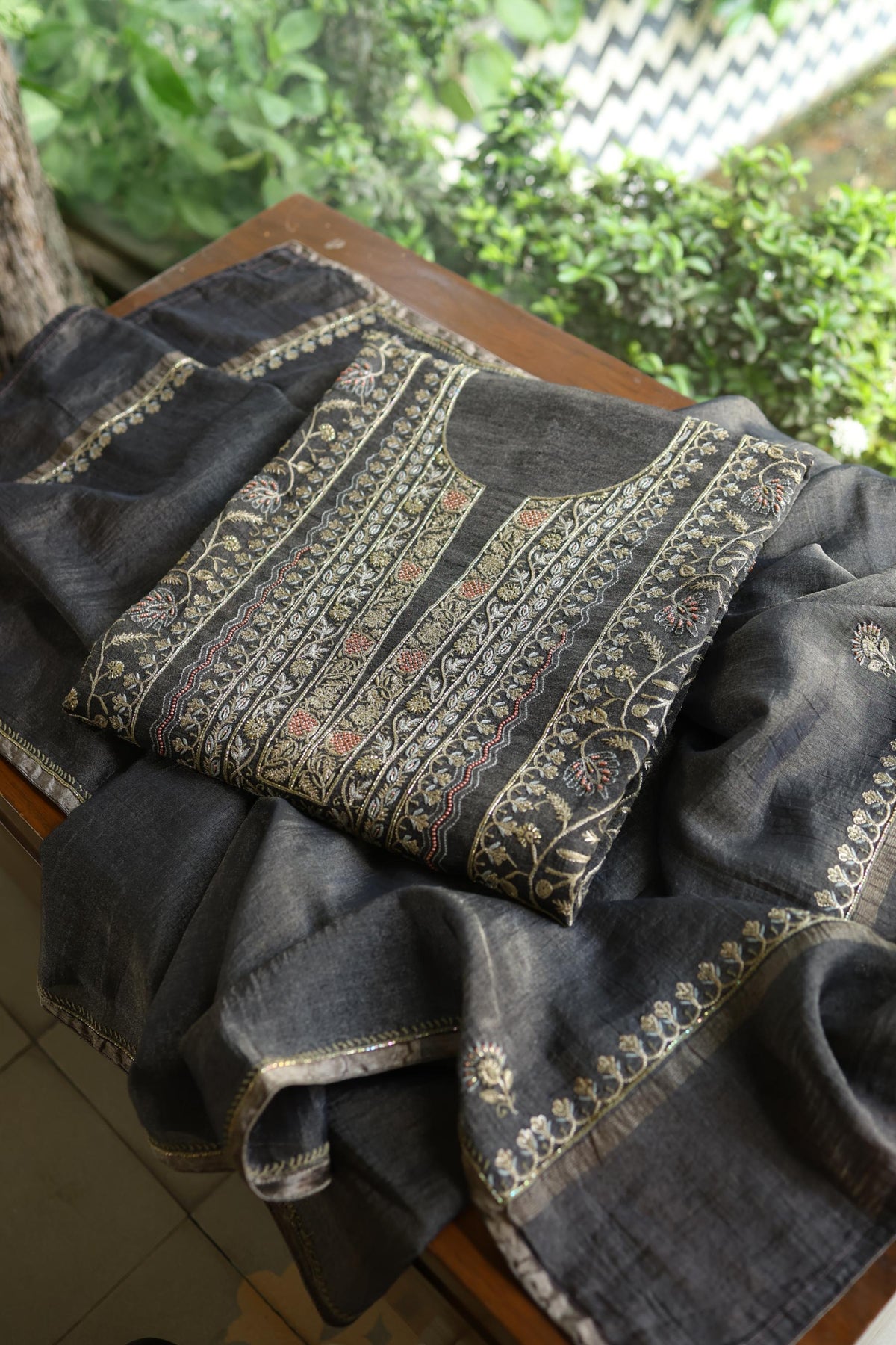 Black Shade Tissue Silk Chikankari Unstitched Fabric