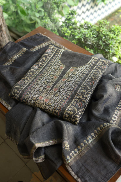 Black Shade Tissue Silk Chikankari Unstitched Fabric