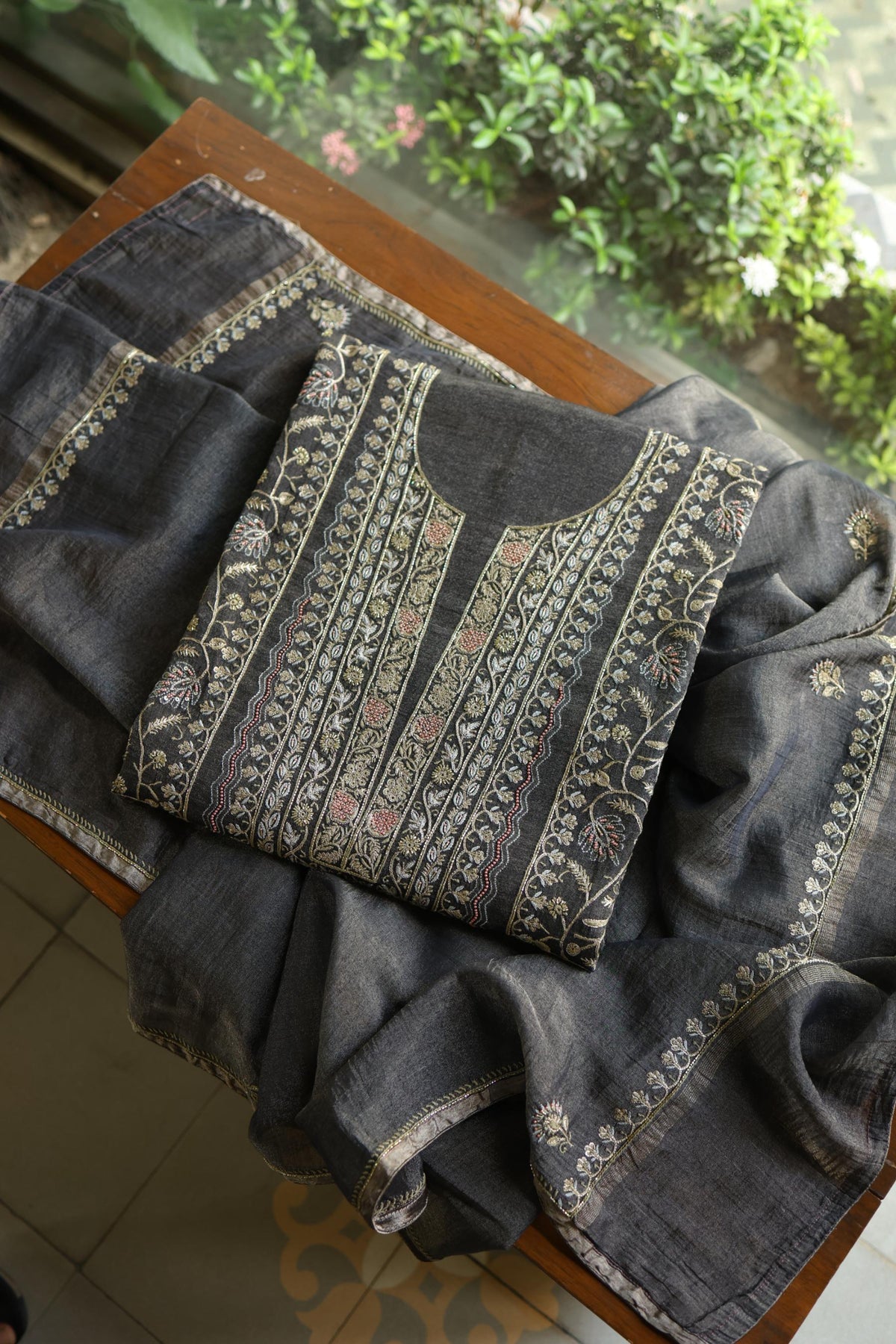 Black Shade Tissue Silk Chikankari Unstitched Fabric