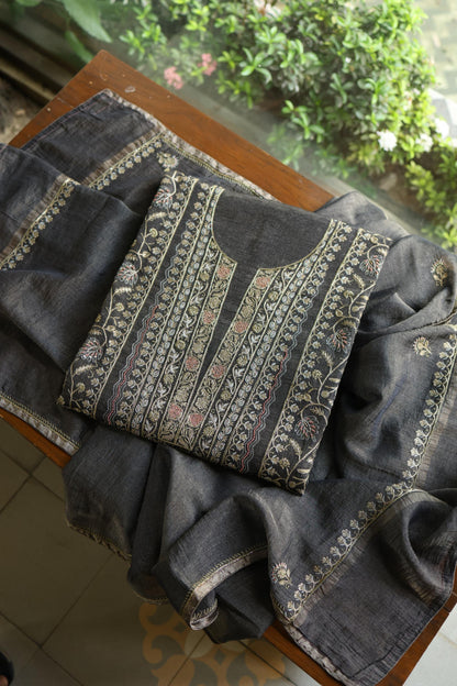 Black Shade Tissue Silk Chikankari Unstitched Fabric