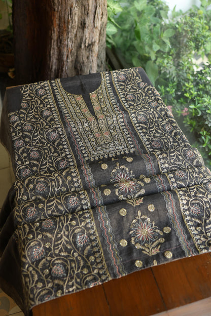Black Shade Tissue Silk Chikankari Unstitched Fabric