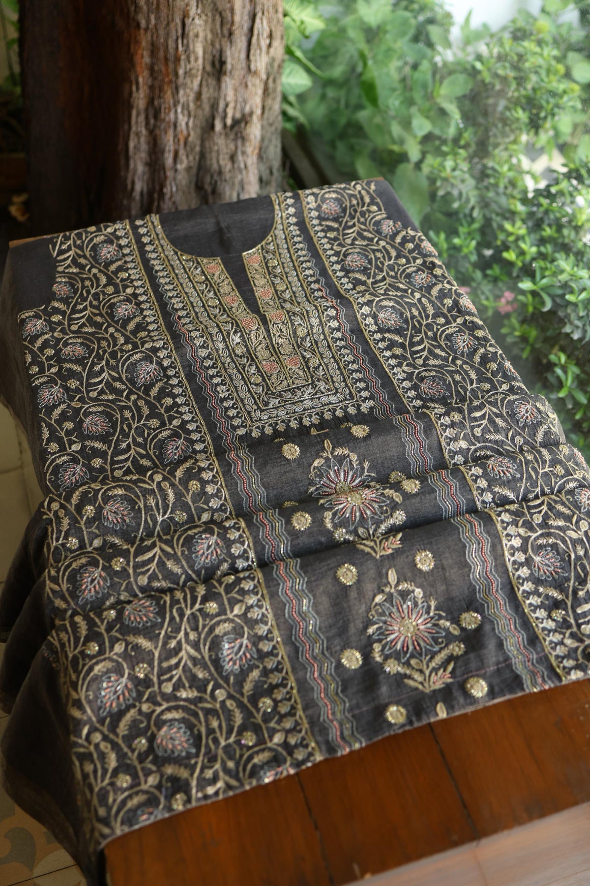 Black Shade Tissue Silk Chikankari Unstitched Fabric